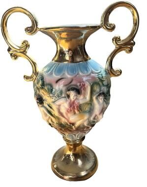 Vintage Vase Made in Italy Cherub 3d Gold Handles Hand Decorated White Elegant